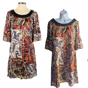 NWOT Vintage Y2K SINGLE DRESS 100% Silk Satin Abstract Mixed Print Mini Dress Si